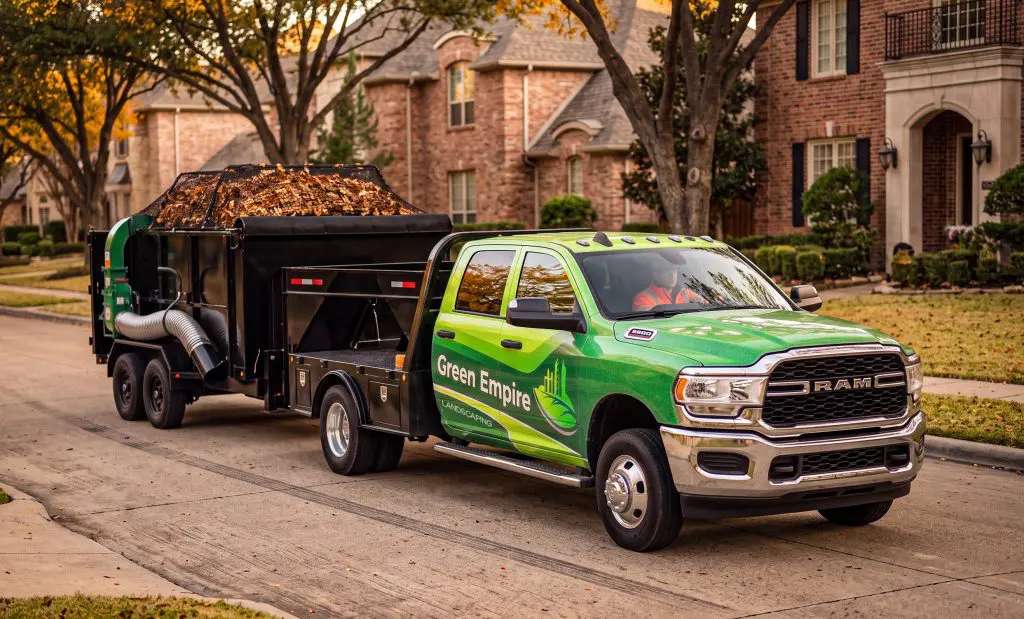 Green Empire truck for DFW fall cleanup with a dump trailer and debris loader, the dump full of leaves, on a Dallas street