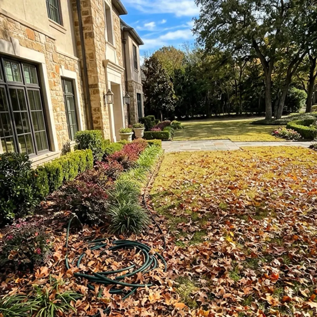 American home yard full of fall leaves